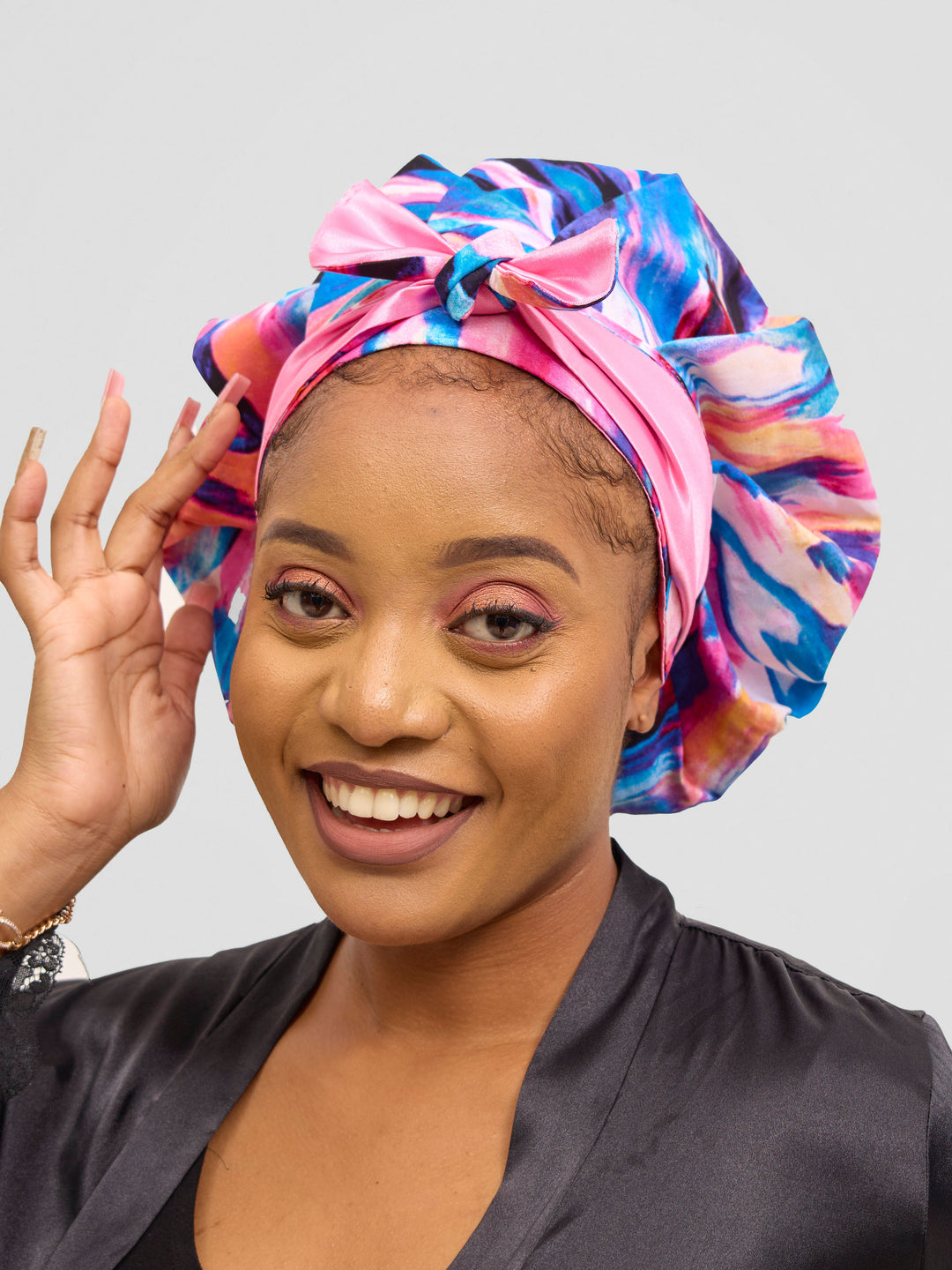 Satin Revolution Satin-Lined Ankara Tie Bonnet – Pink Print