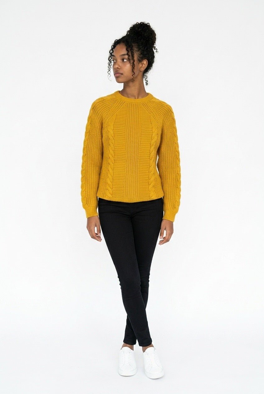 Stylish Sisters Cable Knit Crewneck Sweater - Mustard Yellow