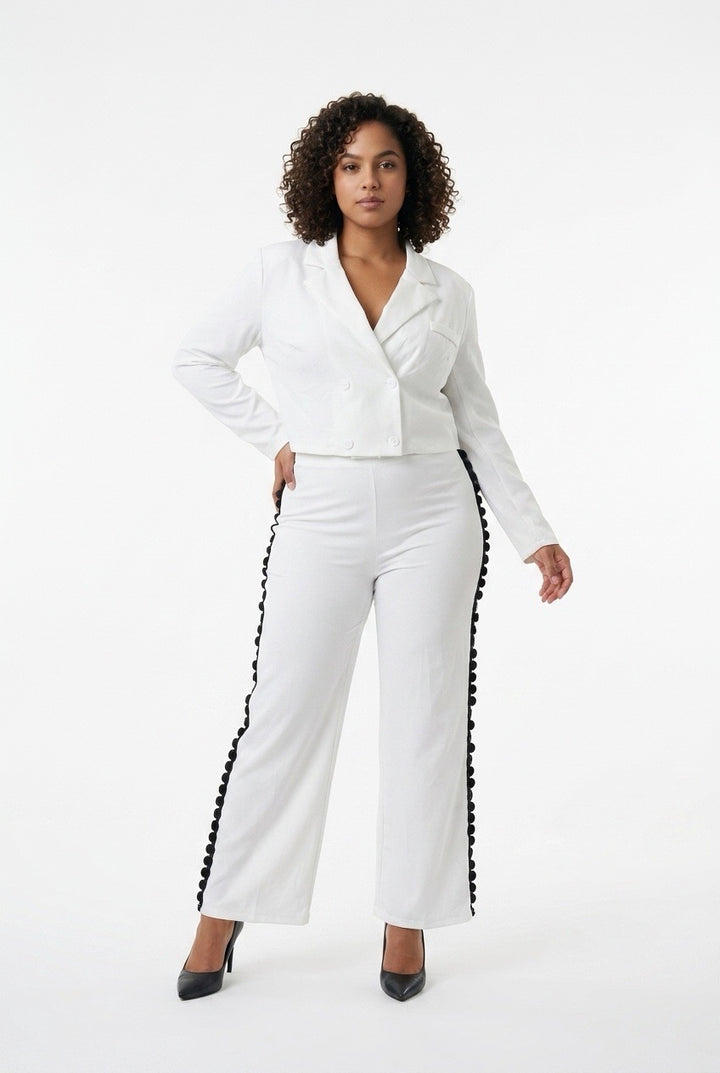 Stylish Sisters Double-Breasted Cropped Blazer and Trouser Set - White