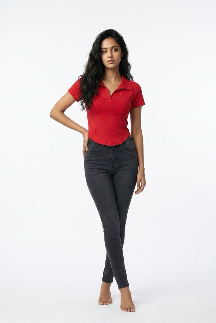 Stylish Sisters Corset-Style Curved Hem Polo Top - Maroon