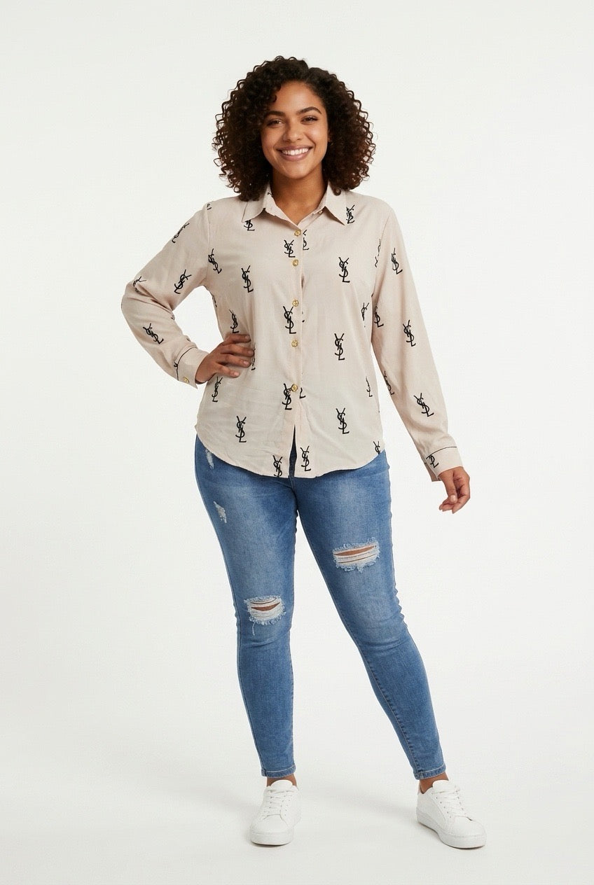 Stylish Sisters Printed Long-Sleeve Button-Down Shirt - Beige