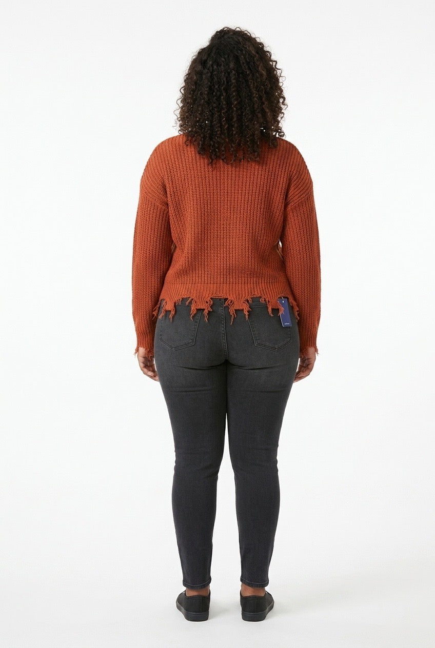 Stylish Sisters Distressed Frayed Hem Pullover Knit Sweater Top - Burnt Orange