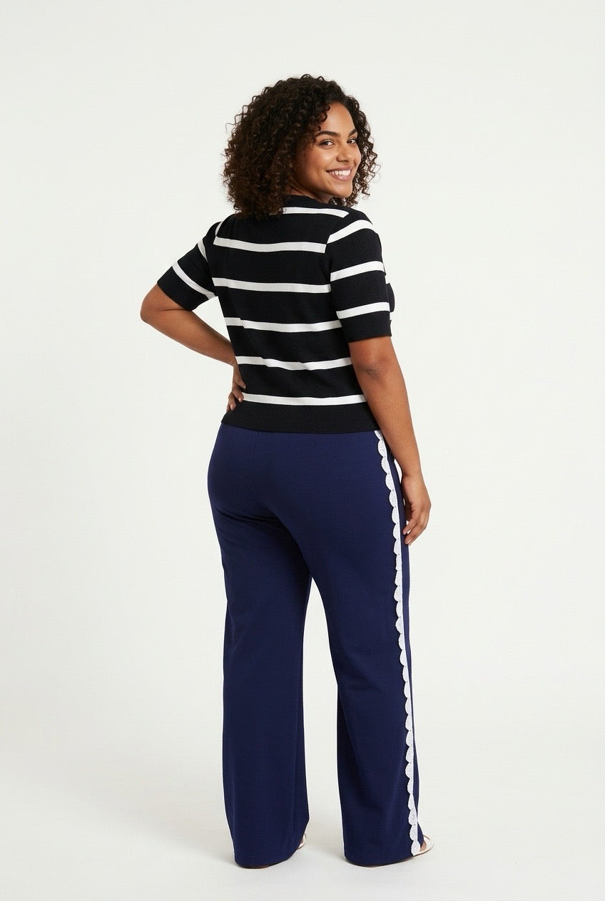 Stylish Sisters Striped Short-Sleeve Knit Sweater Tee - Black / White