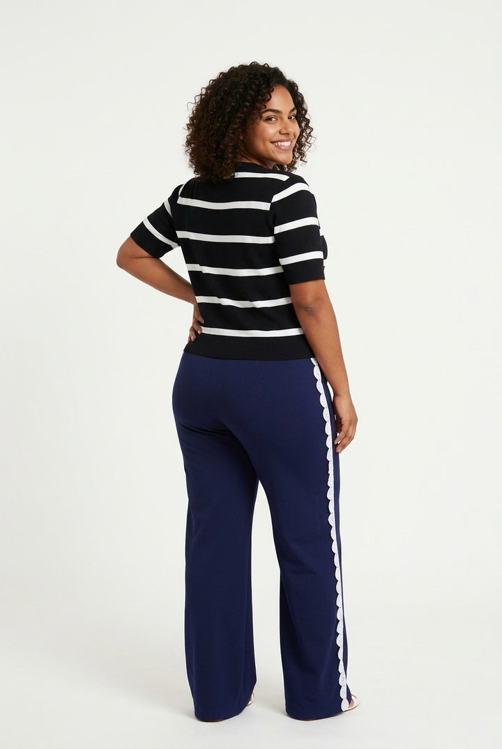 Stylish Sisters Striped Short-Sleeve Knit Sweater Tee - Black / White