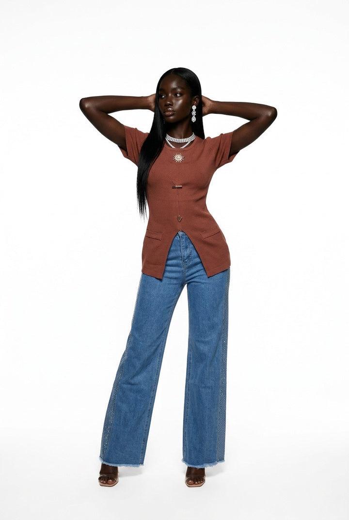 Stylish Sisters Crew Neck Gold Button Detailed Slit Top - Brown