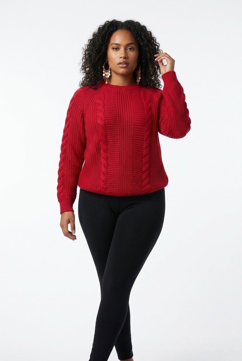 Stylish Sisters Cable Knit Crewneck Sweater - Maroon