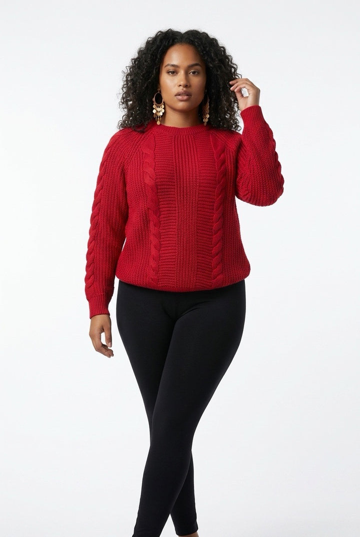 Stylish Sisters Cable Knit Crewneck Sweater - Maroon