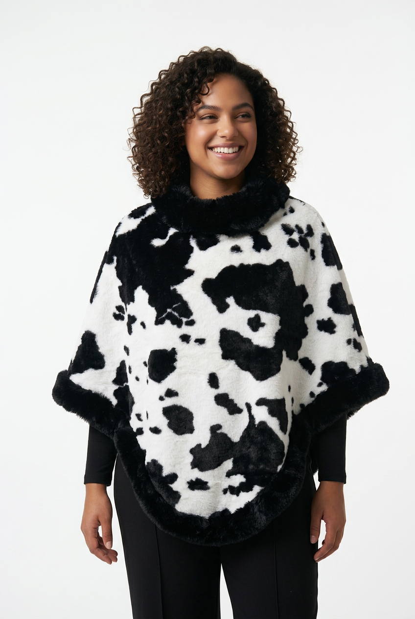 Stylish Sisters Faux Fur-Trimmed Cable Knit Poncho Sweater - Black / White