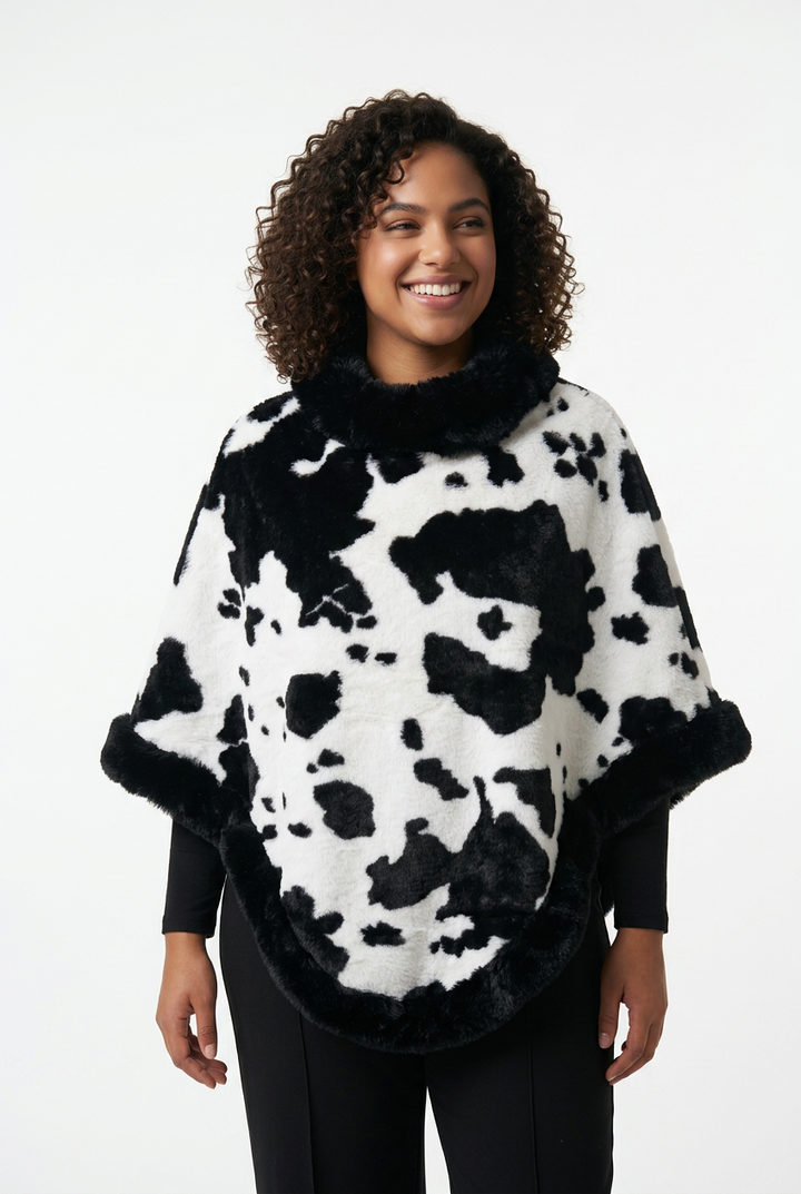 Stylish Sisters Faux Fur-Trimmed Cable Knit Poncho Sweater - Black / White
