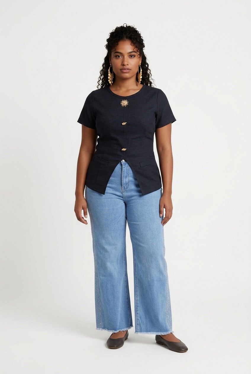 Stylish Sisters Crew Neck Gold Button Detailed Slit Top - Black