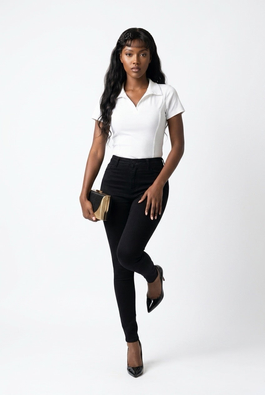 Stylish Sisters Corset-Style Curved Hem Polo Top - White