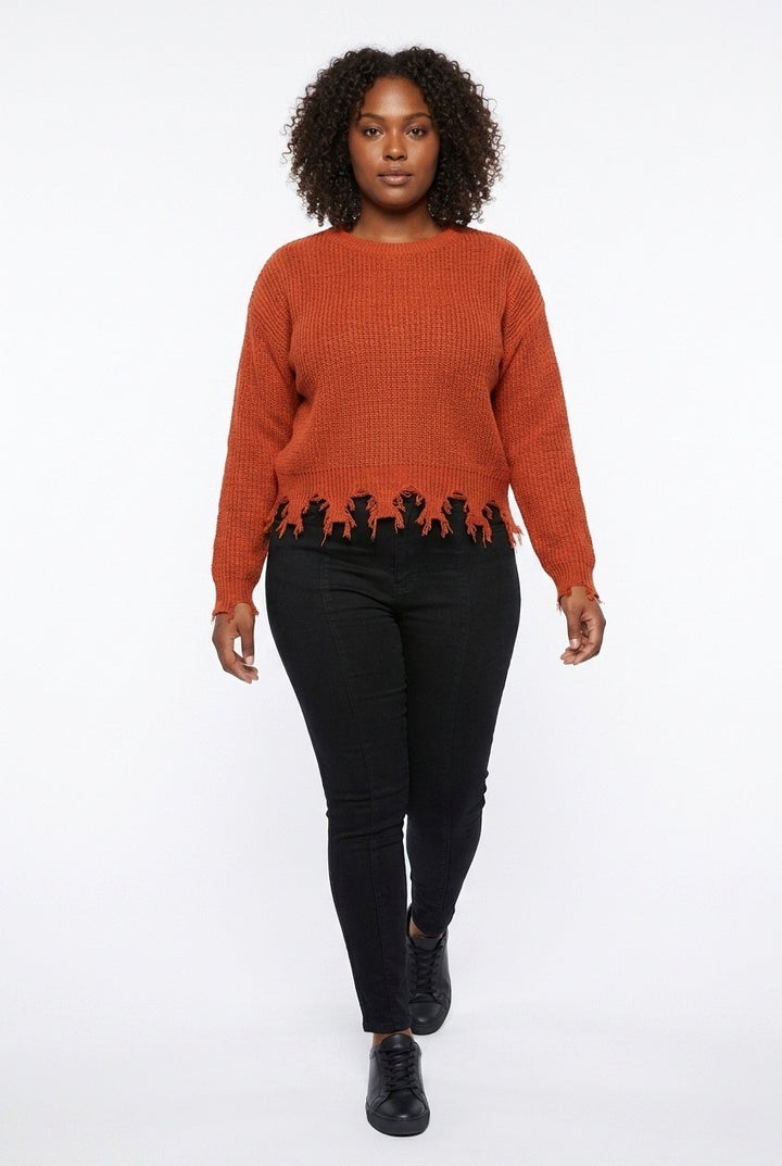 Stylish Sisters Distressed Frayed Hem Pullover Knit Sweater Top - Burnt Orange