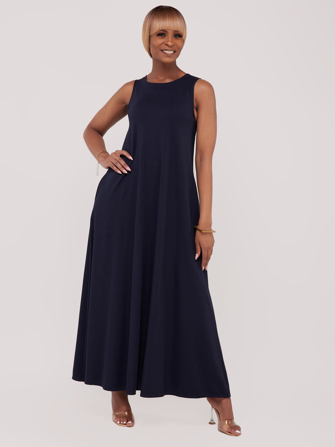 Vivo Basic Sleeveless Kena Tent Maxi Dress in Ponte - Navy Blue