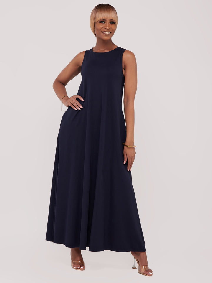 Vivo Basic Sleeveless Kena Tent Maxi Dress in Ponte - Navy Blue