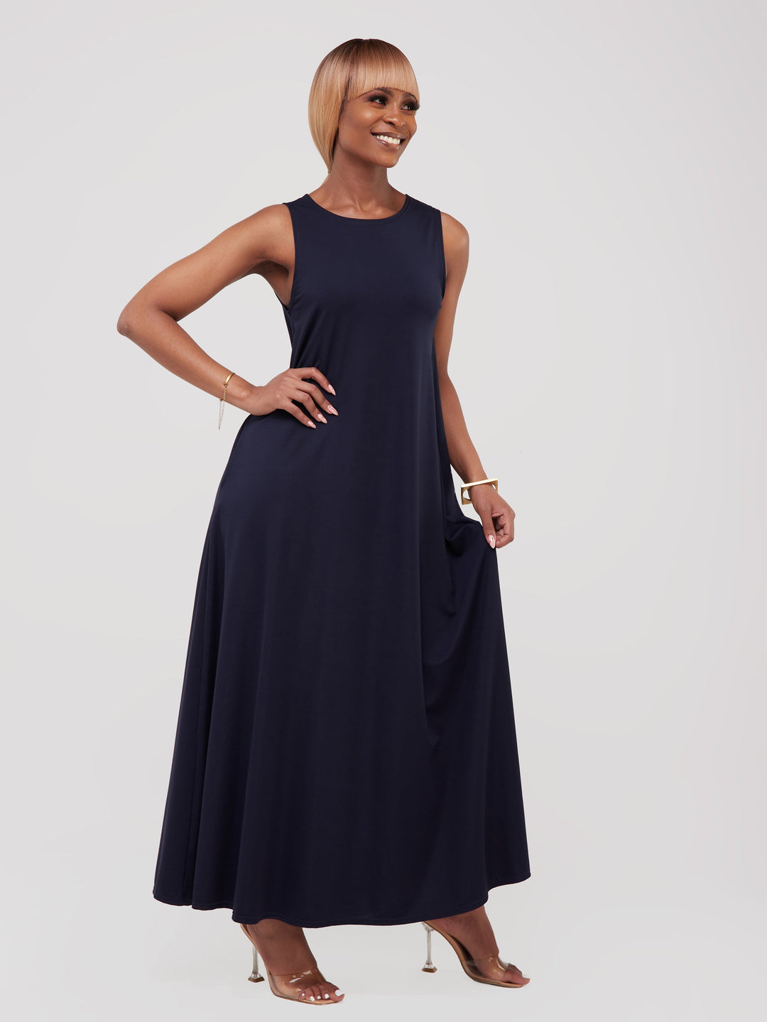 Vivo Basic Sleeveless Kena Tent Maxi Dress in Ponte - Navy Blue