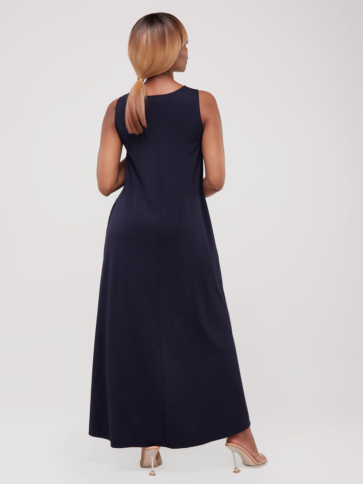 Vivo Basic Sleeveless Kena Tent Maxi Dress in Ponte - Navy Blue