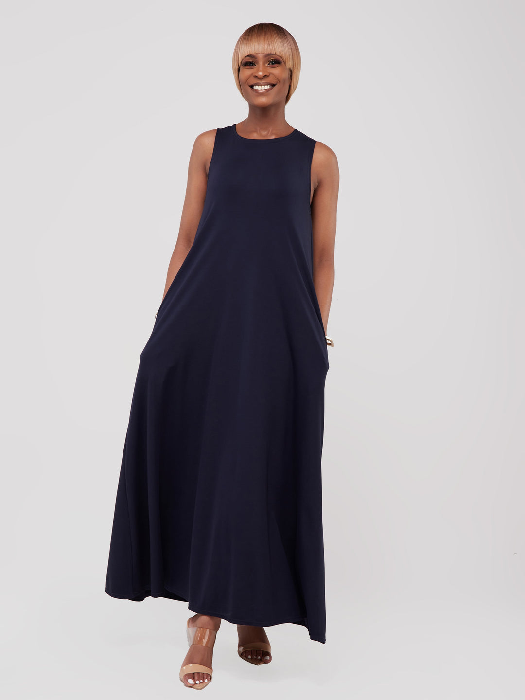 Vivo Basic Sleeveless Kena Tent Maxi Dress in Ponte - Navy Blue