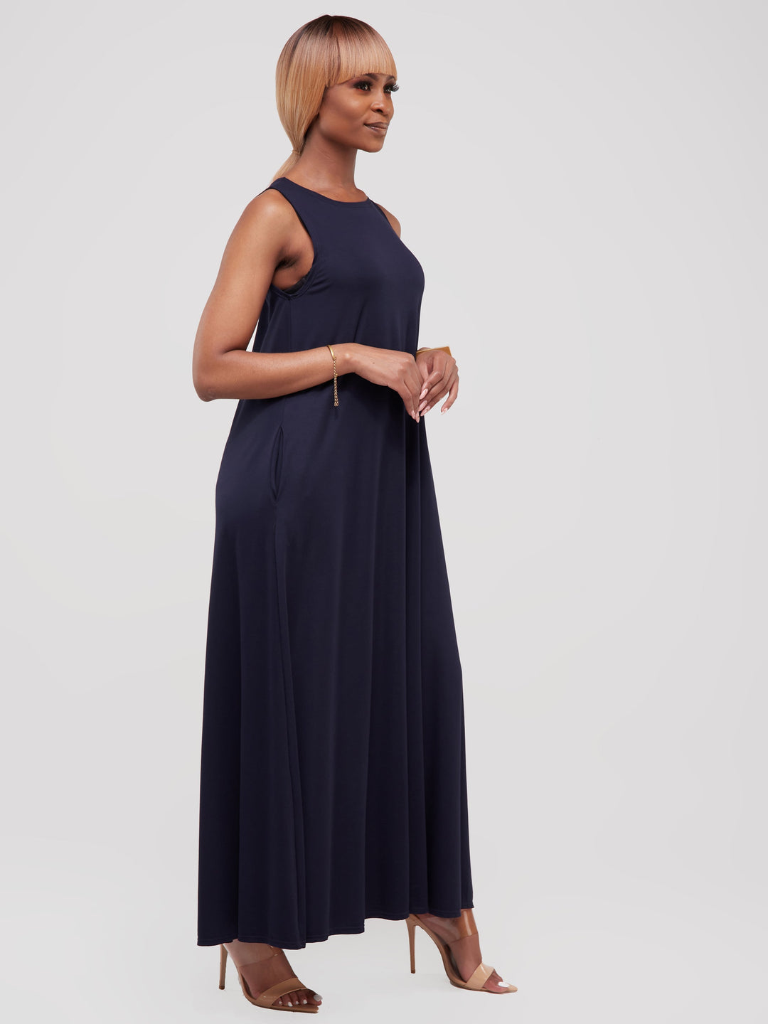 Vivo Basic Sleeveless Kena Tent Maxi Dress in Ponte - Navy Blue