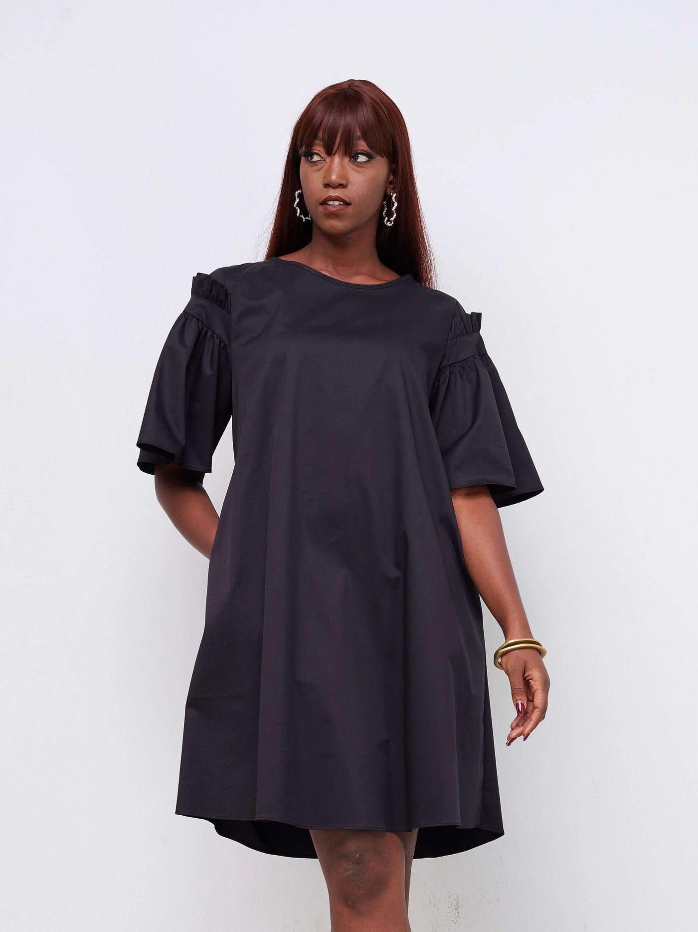 Safari by Vivo Mali Gathered Flounce Sleeve Tent Dress - Black