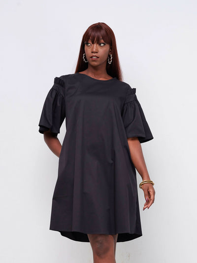Safari by Vivo Mali Gathered Flounce Sleeve Tent Dress - Black