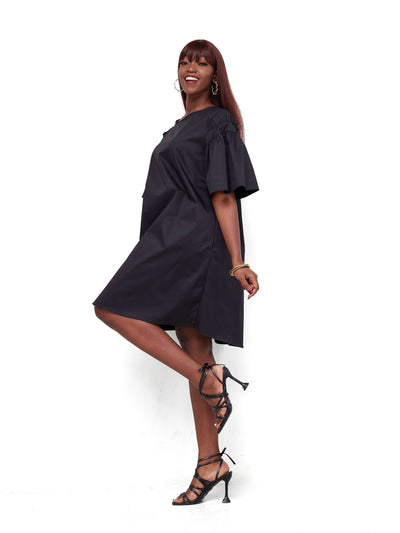 Safari by Vivo Mali Gathered Flounce Sleeve Tent Dress - Black