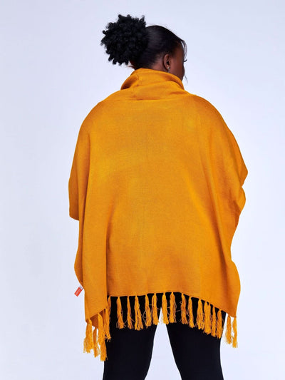 Vivo Turtleneck Knit Fringe Poncho - Mustard - Shopzetu