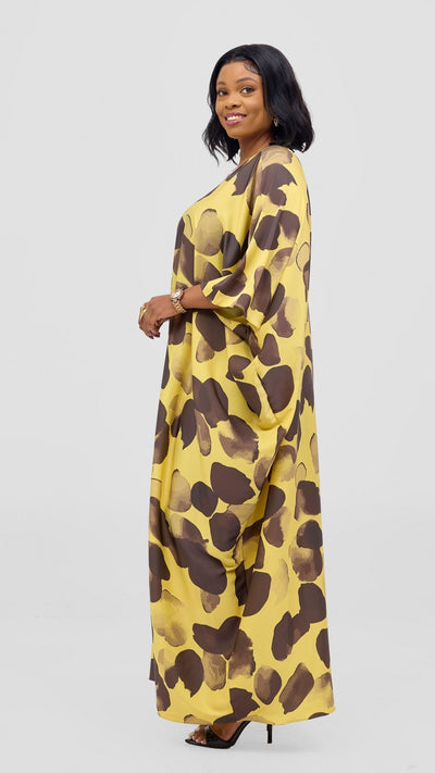 Vivo Keza V - Neck Maxi Kaftan - Yellow / Dark Brown Arisi Print - Shopzetu