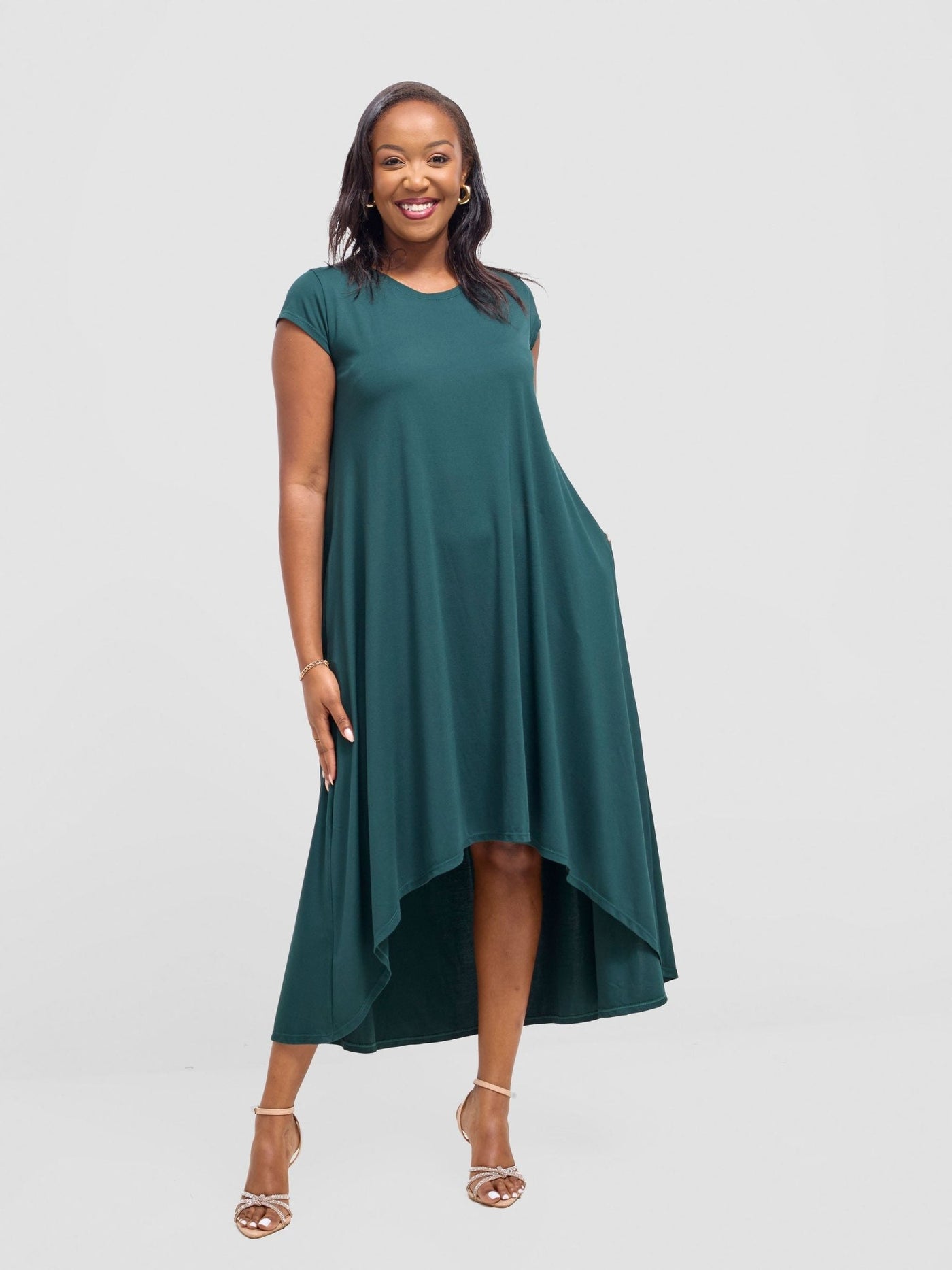 Vivo Ponte Back Pleat High Low Dress - Dark Green - Shopzetu