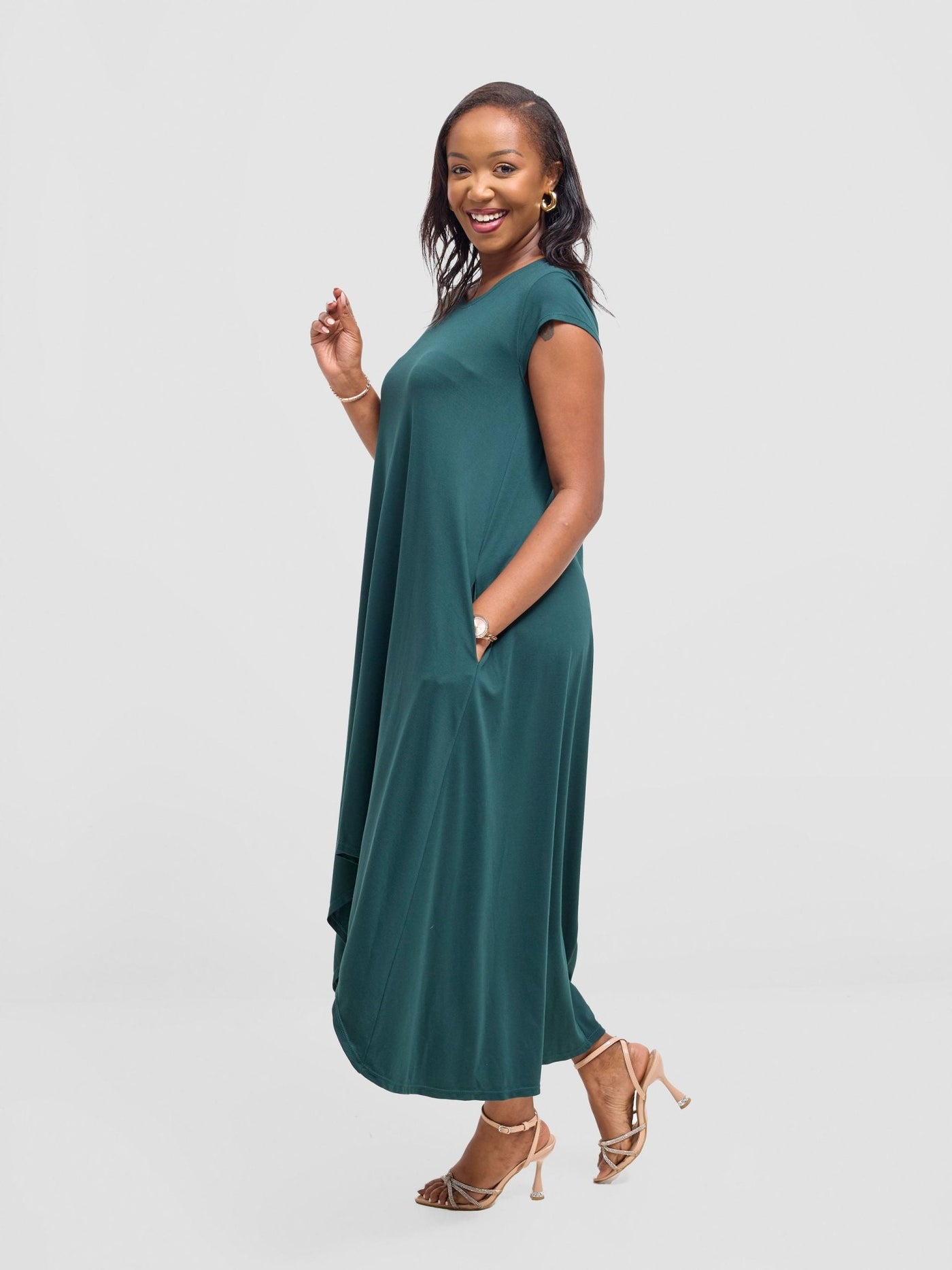 Vivo Ponte Back Pleat High Low Dress - Dark Green - Shopzetu