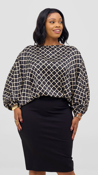 Vivo Sawari Crossed Cuff Batwing Top - Black / Cream Print - Shopzetu