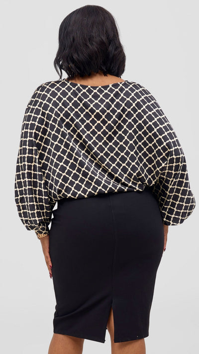 Vivo Sawari Crossed Cuff Batwing Top - Black / Cream Print - Shopzetu