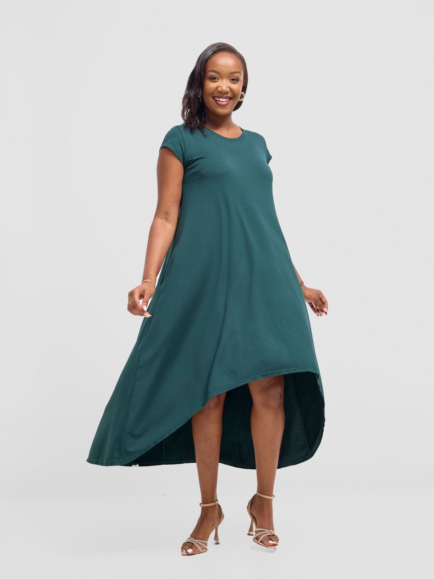 Vivo Ponte Back Pleat High Low Dress - Dark Green - Shopzetu