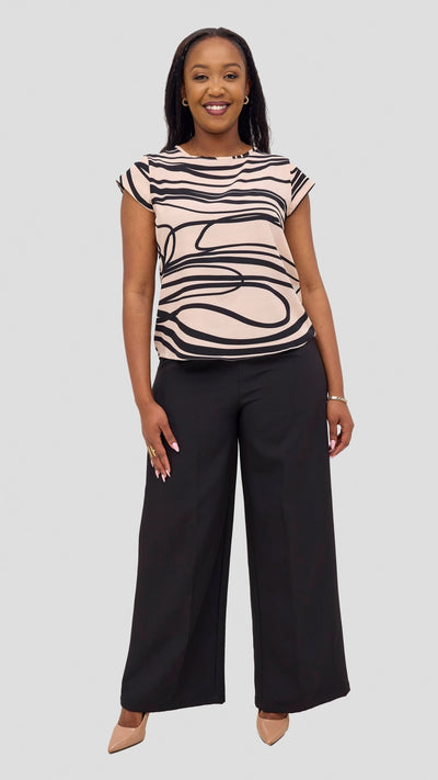 Vivo Basic Crepe Cap Sleeved Top - Cream / Black Print - Shopzetu