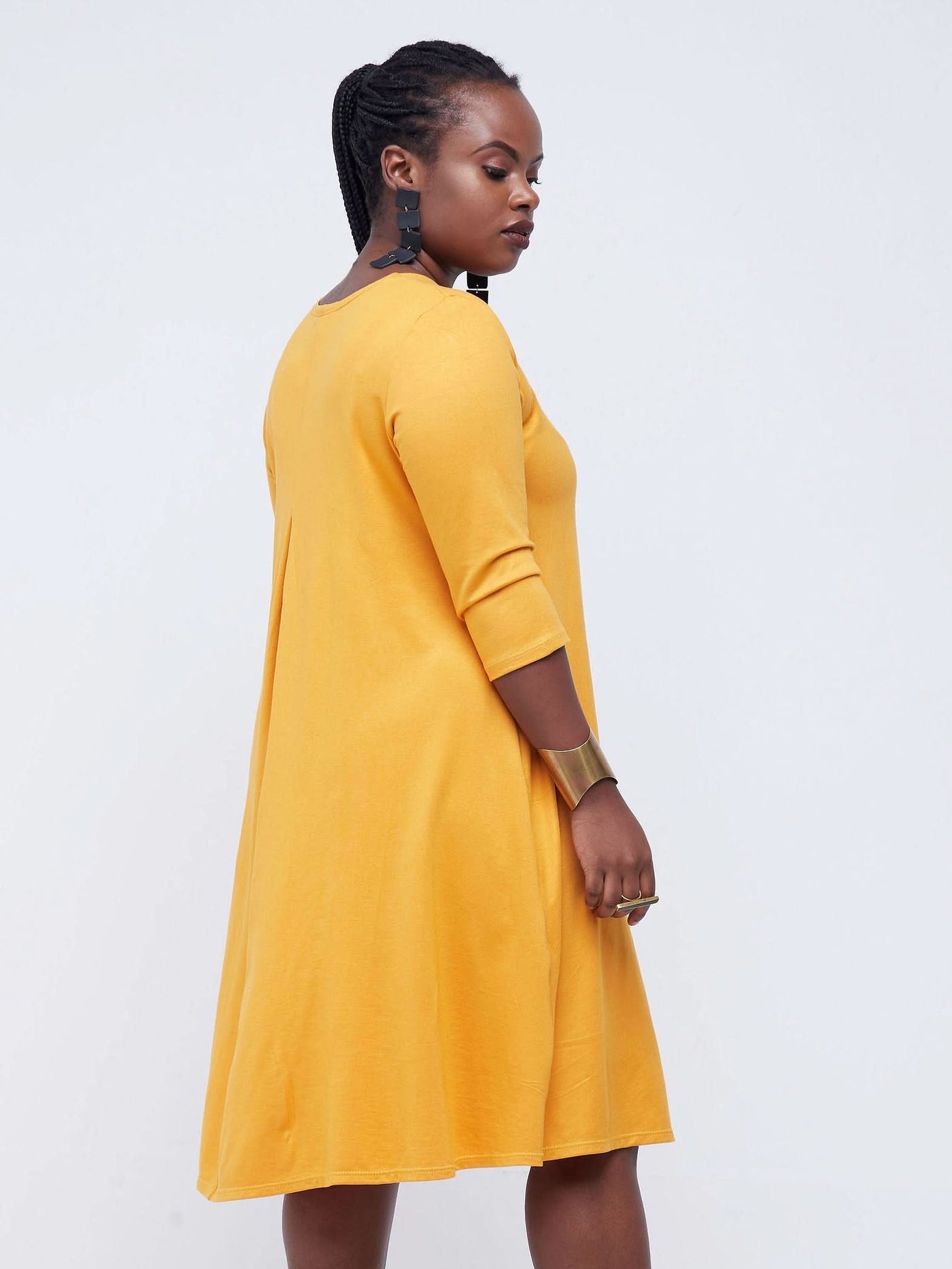 Vivo Basic Julia 3/4 Sleeve Back Pleat Knee Length Dress - Mustard - Shopzetu