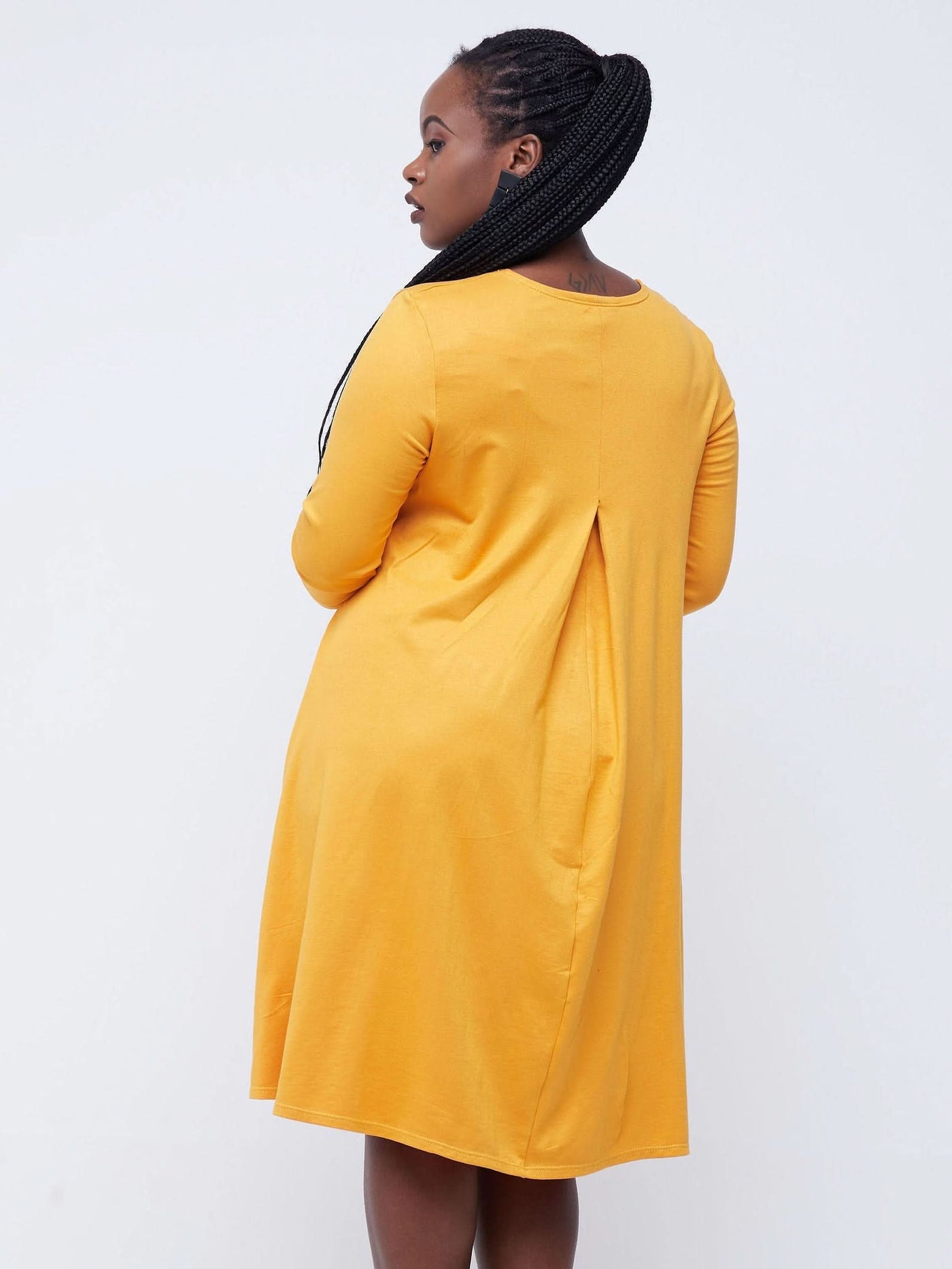 Vivo Basic Julia 3/4 Sleeve Back Pleat Knee Length Dress - Mustard - Shopzetu