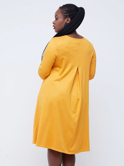 Vivo Basic Julia 3/4 Sleeve Back Pleat Knee Length Dress - Mustard - Shopzetu