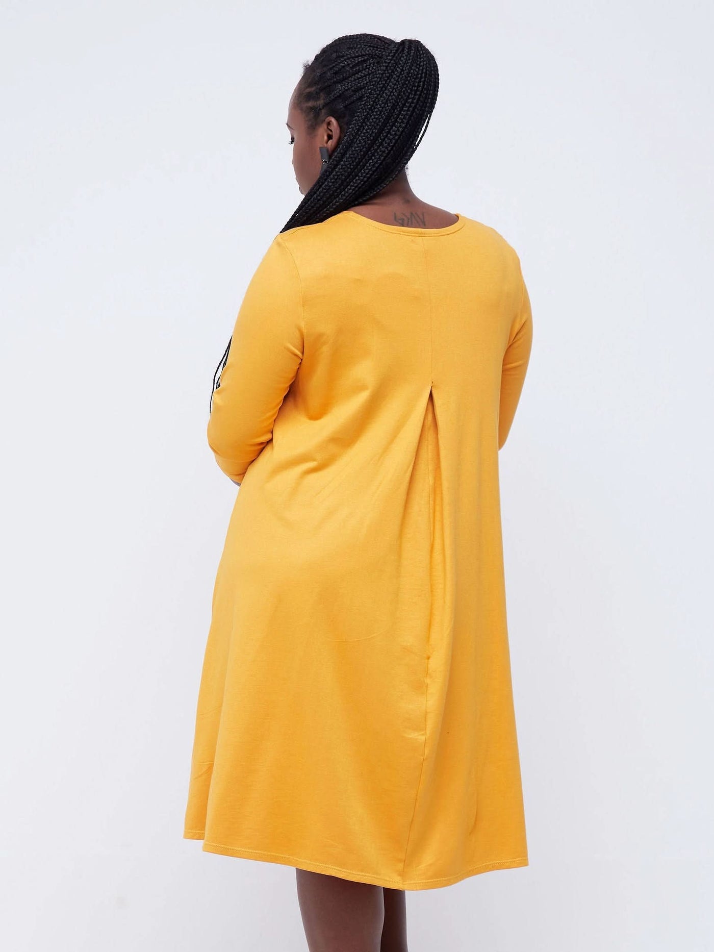 Vivo Basic Julia 3/4 Sleeve Back Pleat Knee Length Dress - Mustard - Shopzetu