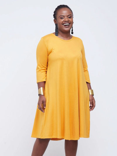 Vivo Basic Julia 3/4 Sleeve Back Pleat Knee Length Dress - Mustard - Shopzetu