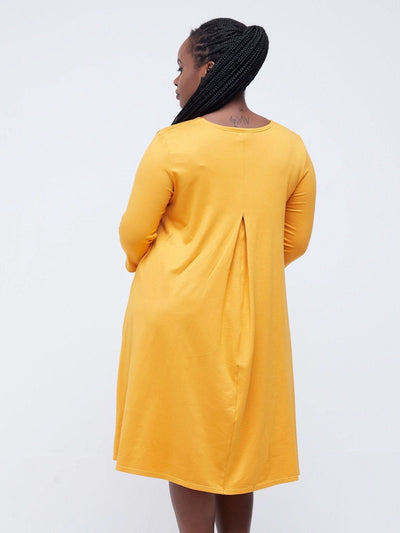 Vivo Basic Julia 3/4 Sleeve Back Pleat Knee Length Dress - Mustard - Shopzetu