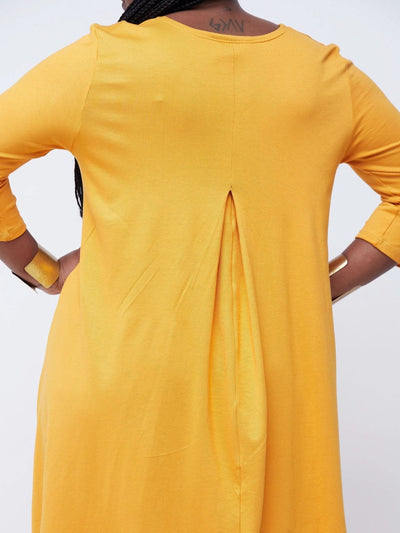 Vivo Basic Julia 3/4 Sleeve Back Pleat Knee Length Dress - Mustard - Shopzetu