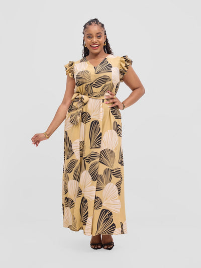 Vivo Nasinka A - line Maxi Dress - Beige / Black Nama Print - Shopzetu
