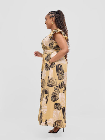 Vivo Nasinka A - line Maxi Dress - Beige / Black Nama Print - Shopzetu