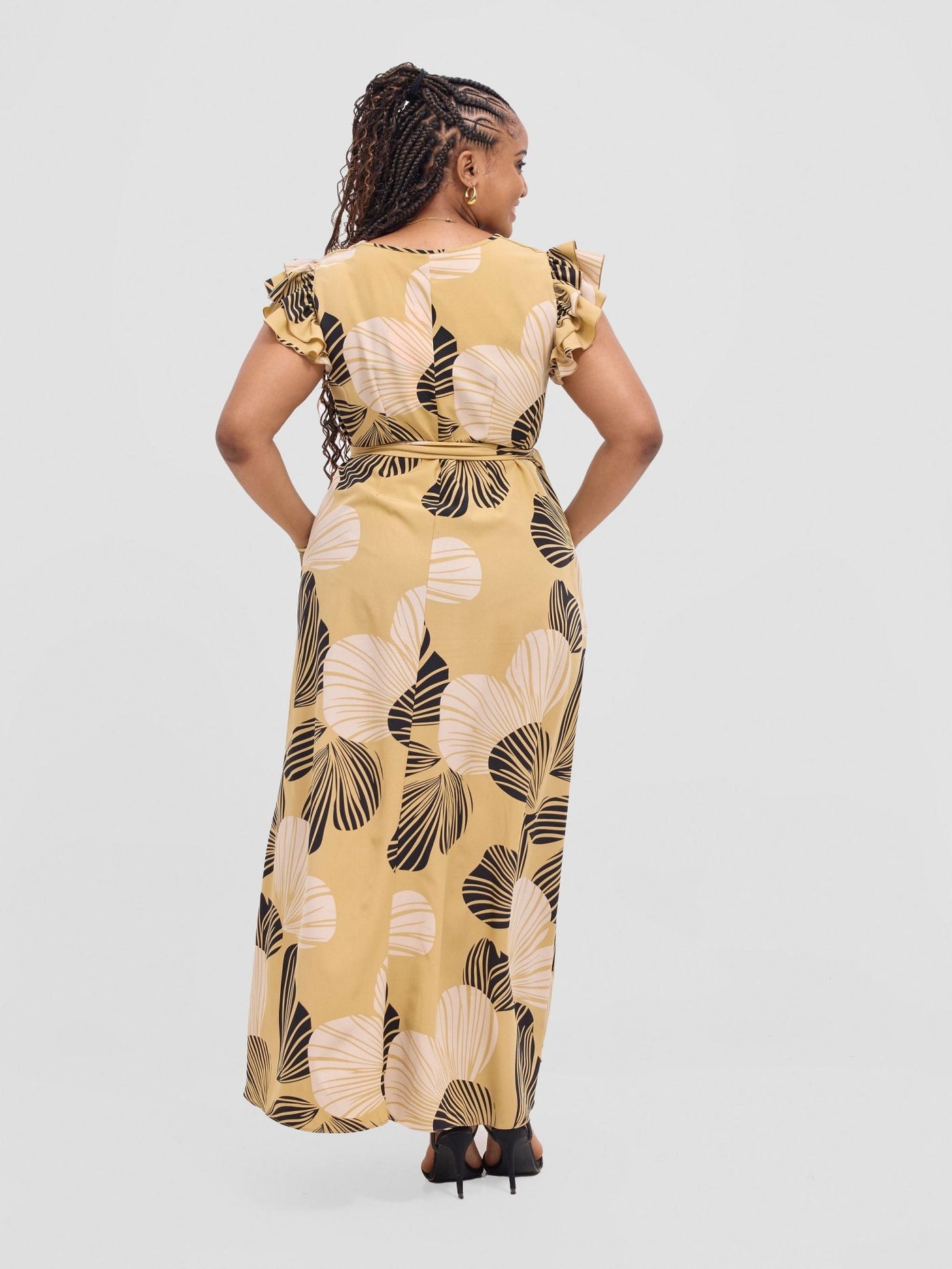Vivo Nasinka A - line Maxi Dress - Beige / Black Nama Print - Shopzetu