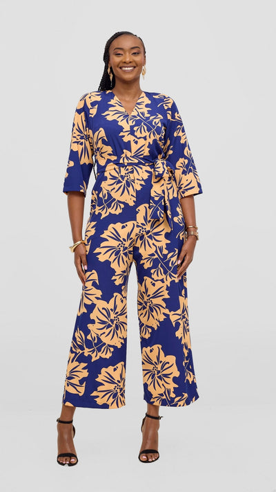 Vivo Diella V - Neck Jumpsuit - Peach / Navy Print - Shopzetu