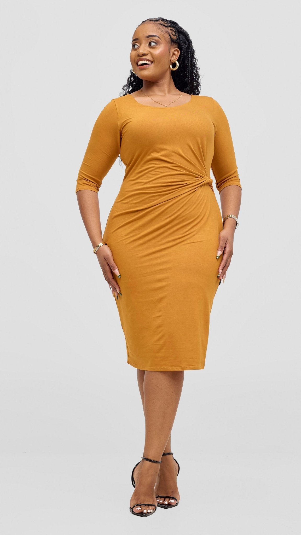 Vivo Everyday Double Layered Side Twist Bodycon - Dark Mustard - Shopzetu