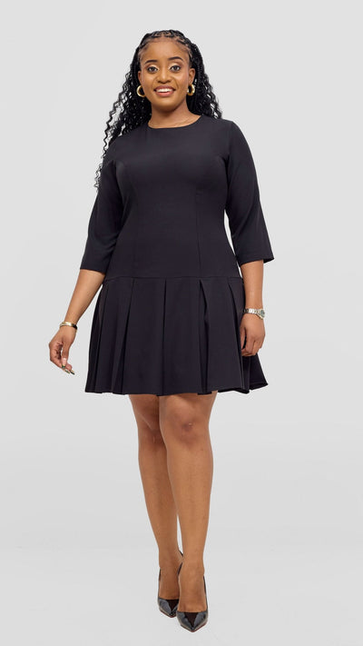 Vivo Diella 3/4 Sleeve Pleated Dress - Black - Shopzetu