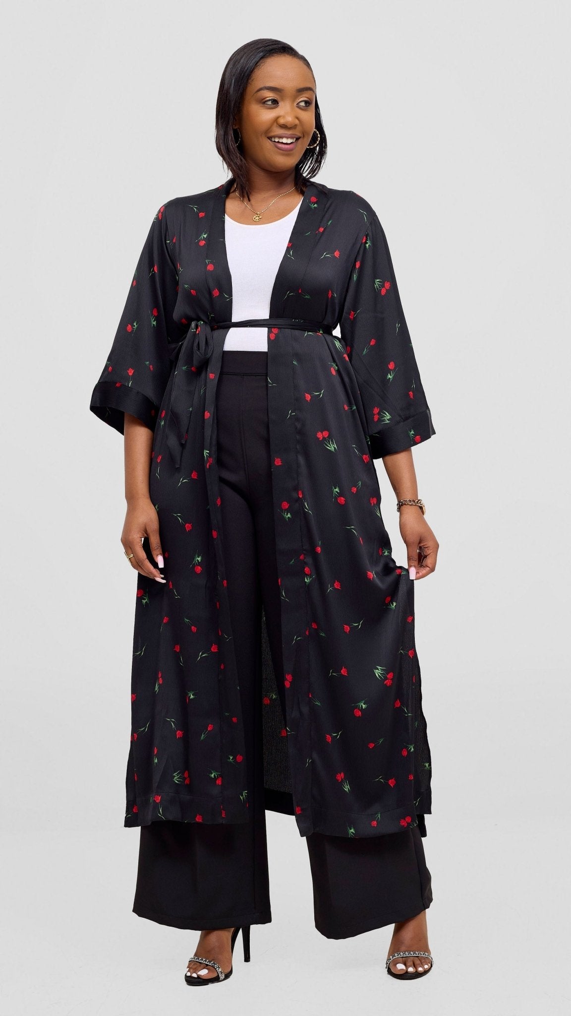 Vivo Samira Maxi Kimono - Black / Red Print - Shopzetu