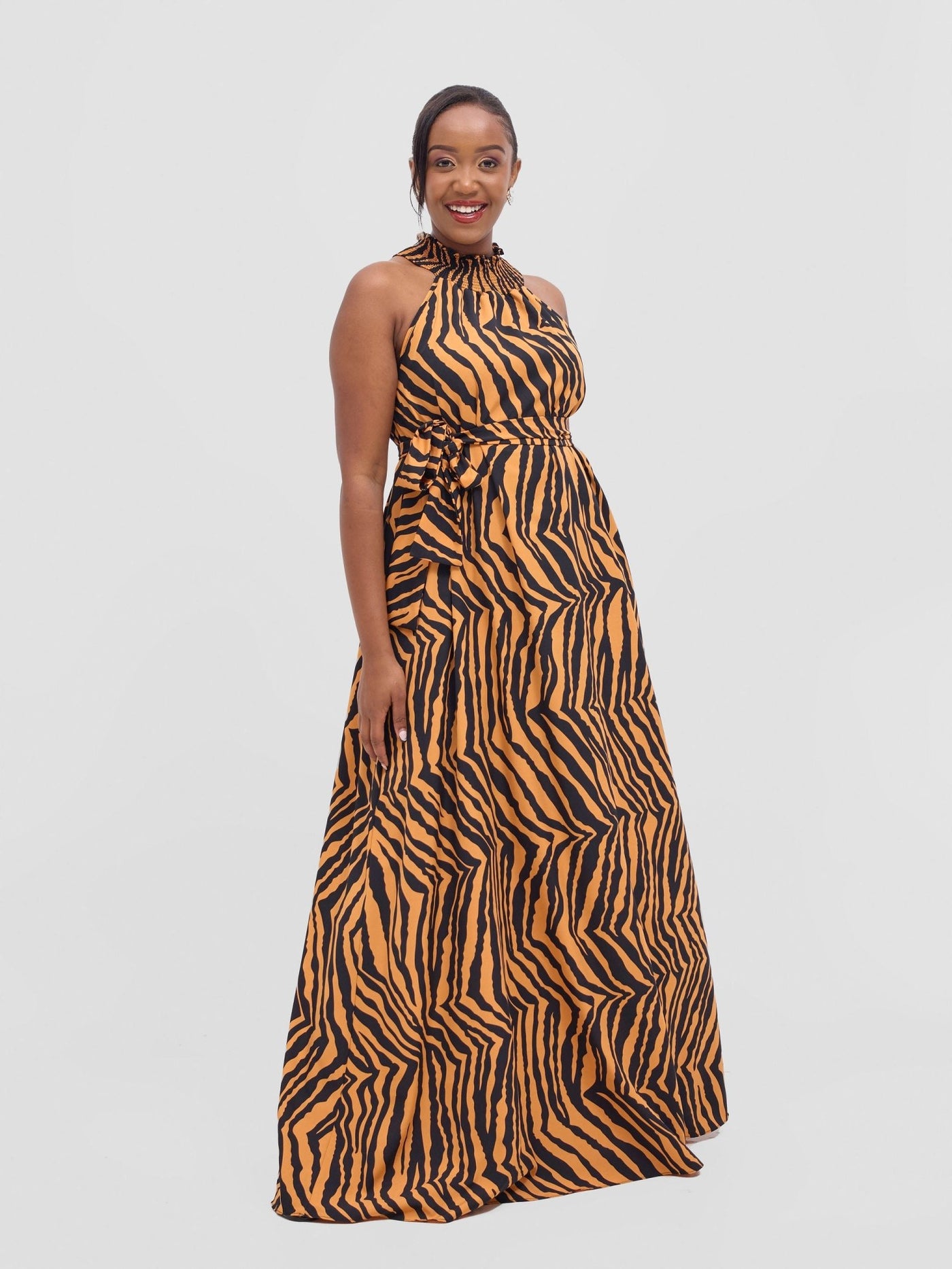 Vivo Alek Halter Neck Maxi Dress - Orange / Black Mistari Print - Shopzetu