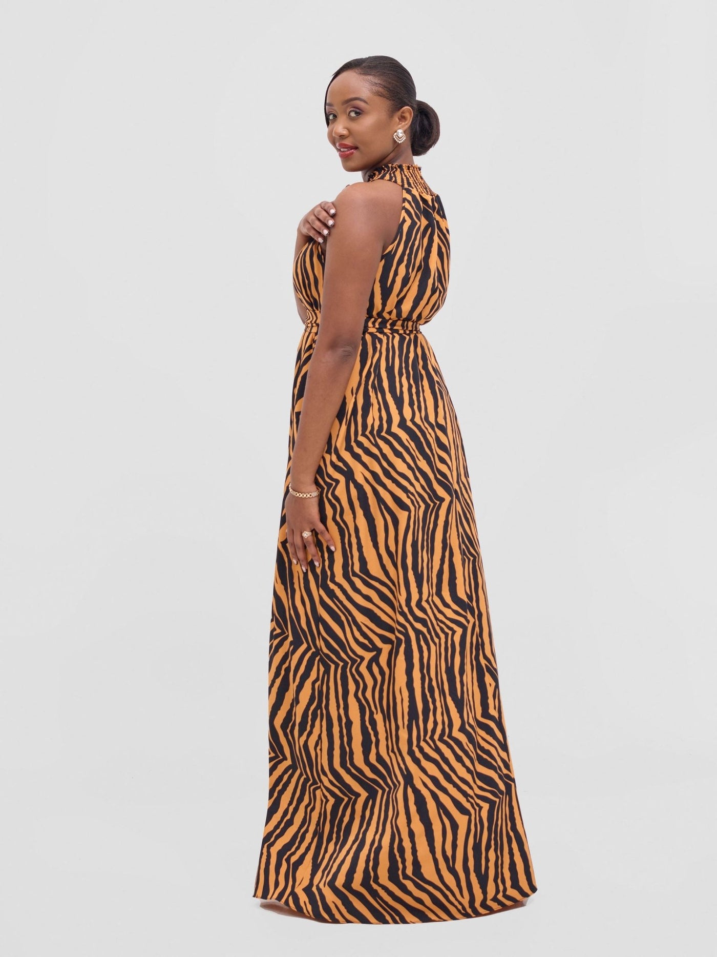 Vivo Alek Halter Neck Maxi Dress - Orange / Black Mistari Print - Shopzetu