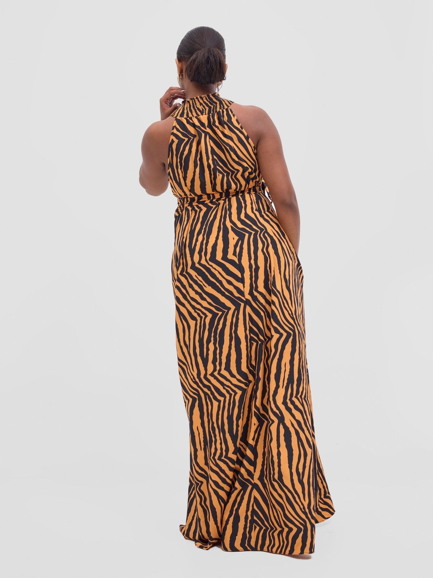 Vivo Alek Halter Neck Maxi Dress - Orange / Black Mistari Print - Shopzetu